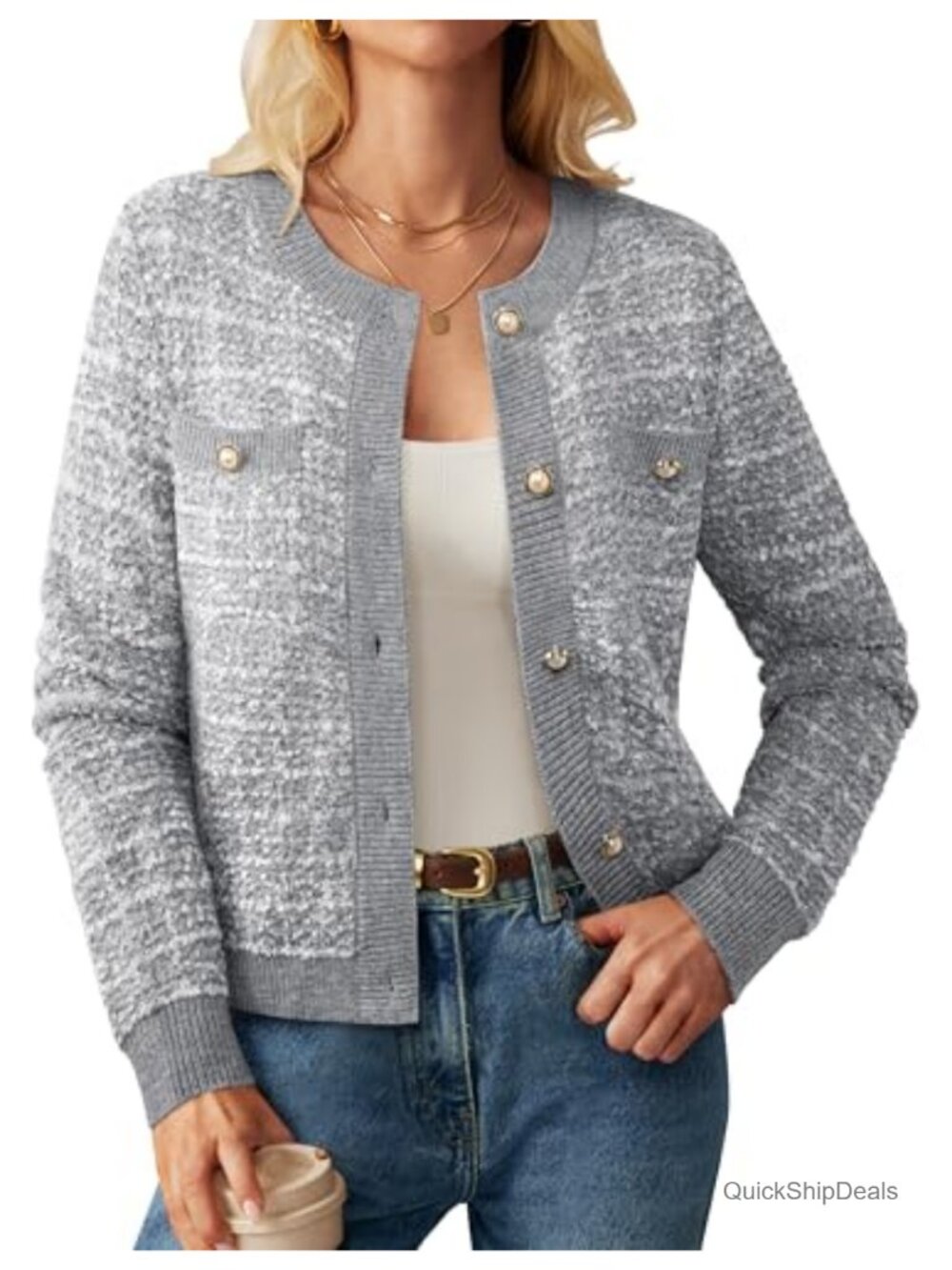 Women's Knit Cardigan Sweater with Pockets Long Sleeve Button Up